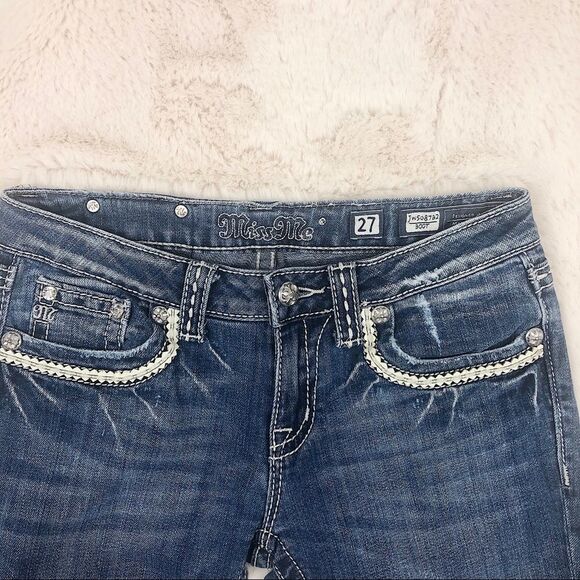 Miss Me Blue White Leather Pocket Boot Cut Jeans Sz 27 - Picture 4 of 6
